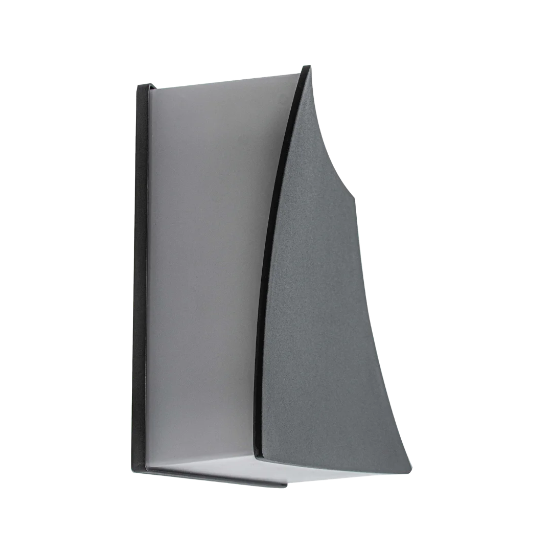 Modern wall-mounted light fixture with a black frame and gray glass on a white background