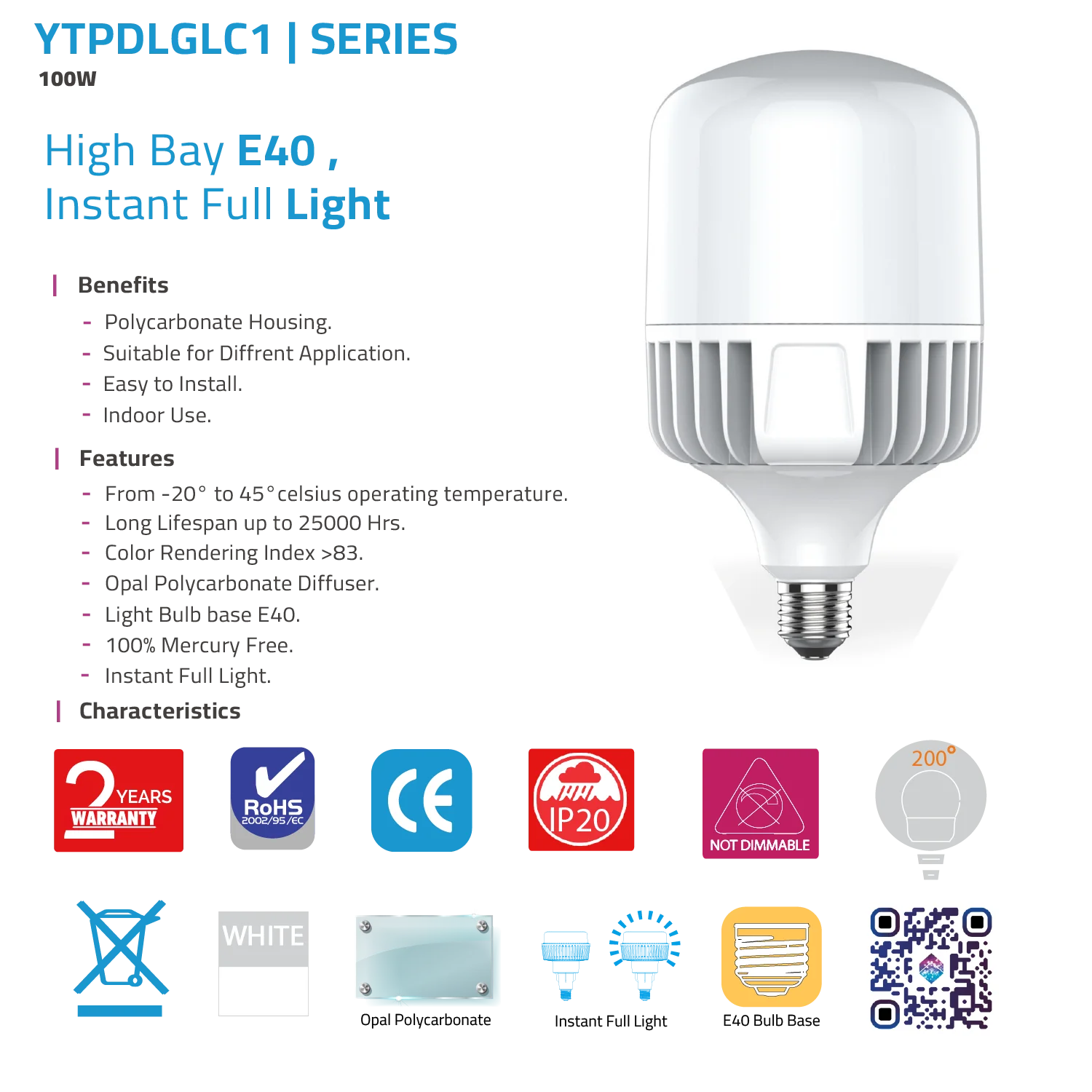 LED bulb with specifications and features on a white background