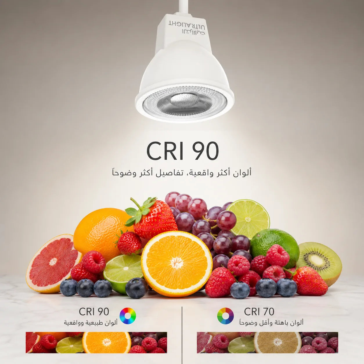 LED light bulb with fruits and vegetables on a neutral background, highlighting CRI 90 and CRI 70 color rendering indexes.