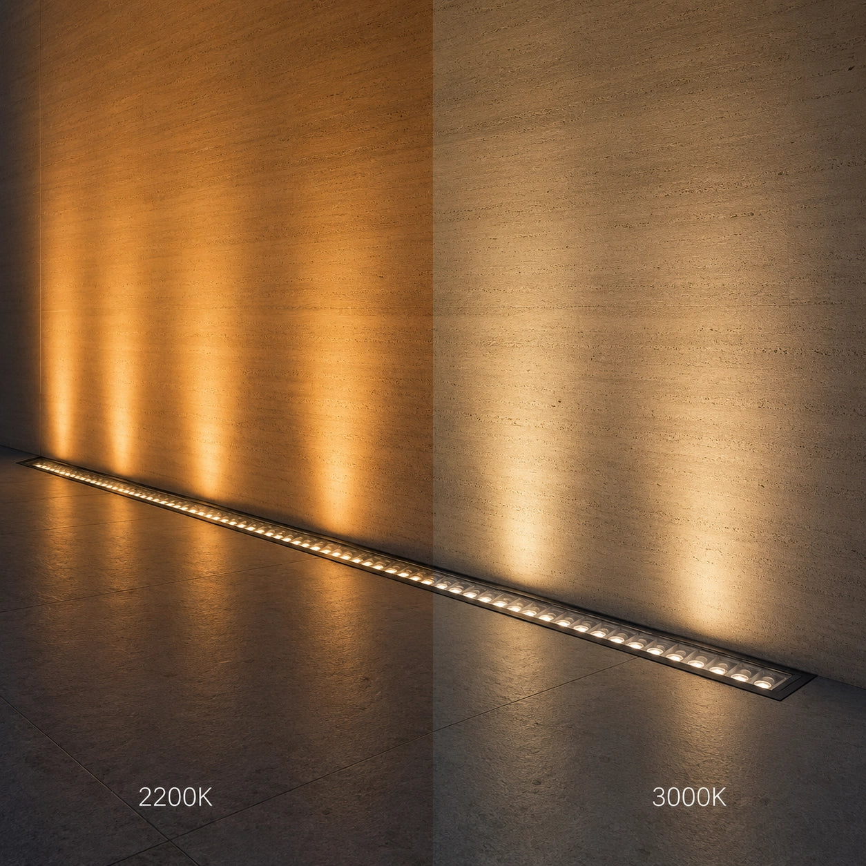 LED strip light casting shadows on a textured wall with color temperature labels.
