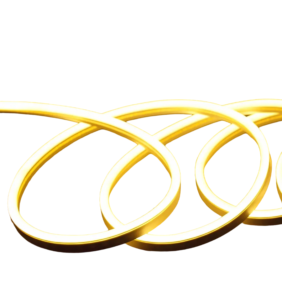 A flexible yellow LED strip light designed for outdoor use, displaying a warm light color temperature.