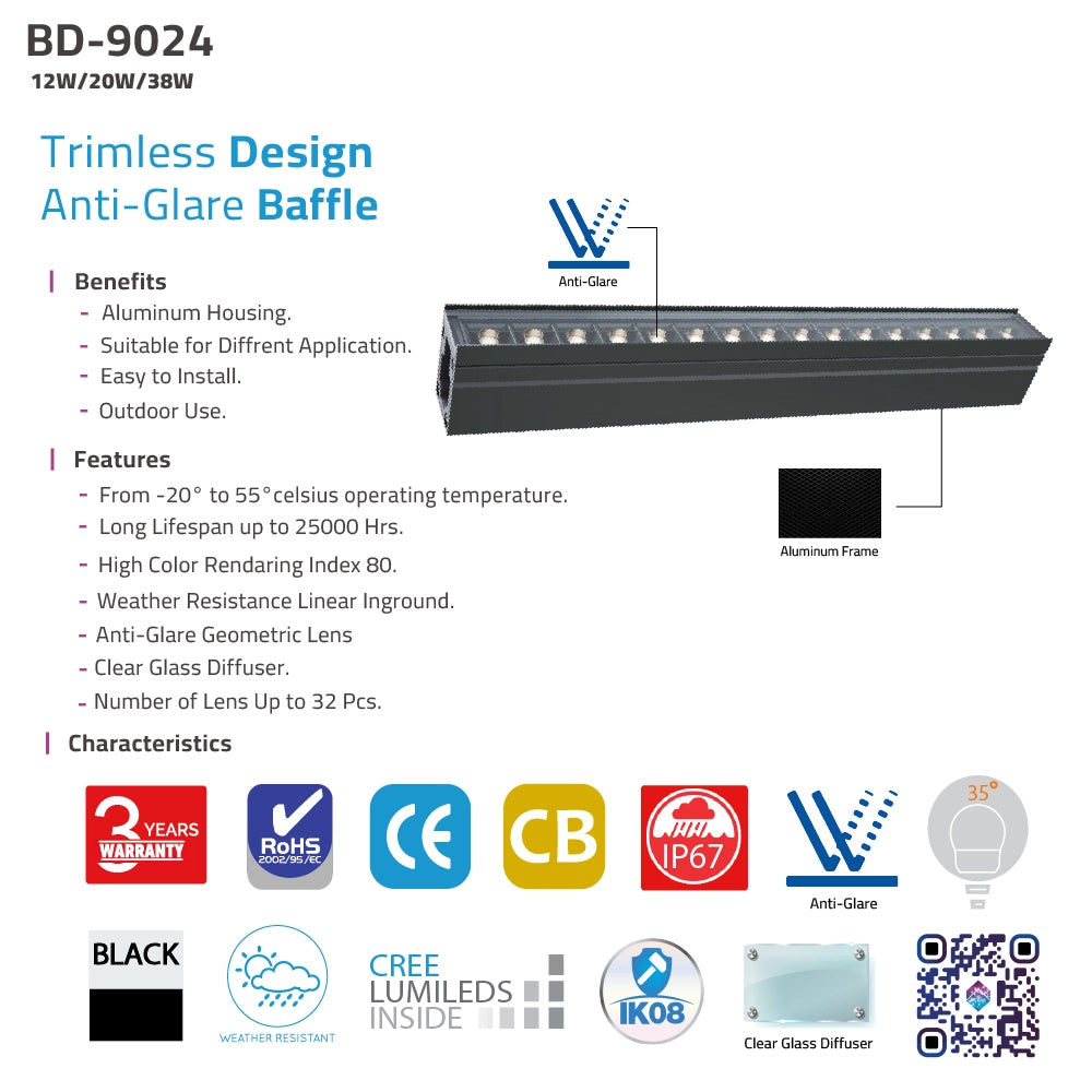 Light fixture with specifications and features on a white background