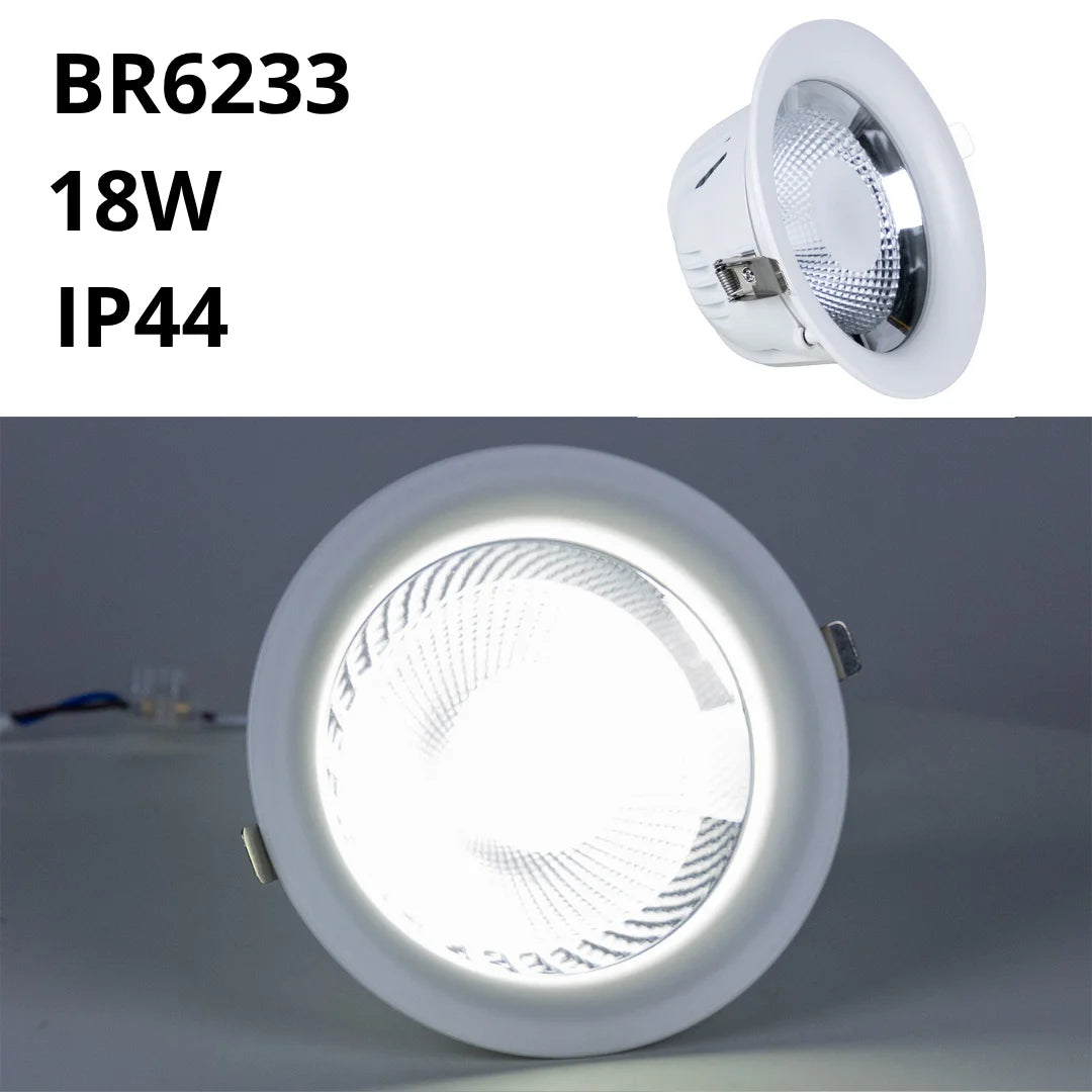 LED downlight with specifications BR6233, 18W, IP44 on a white background.