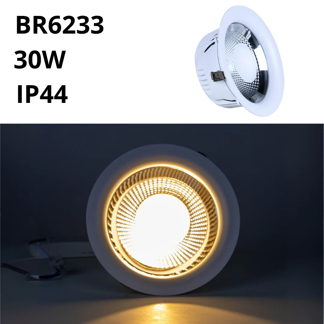 LED downlight with specifications BR6233, 30W, IP44 on a white background.