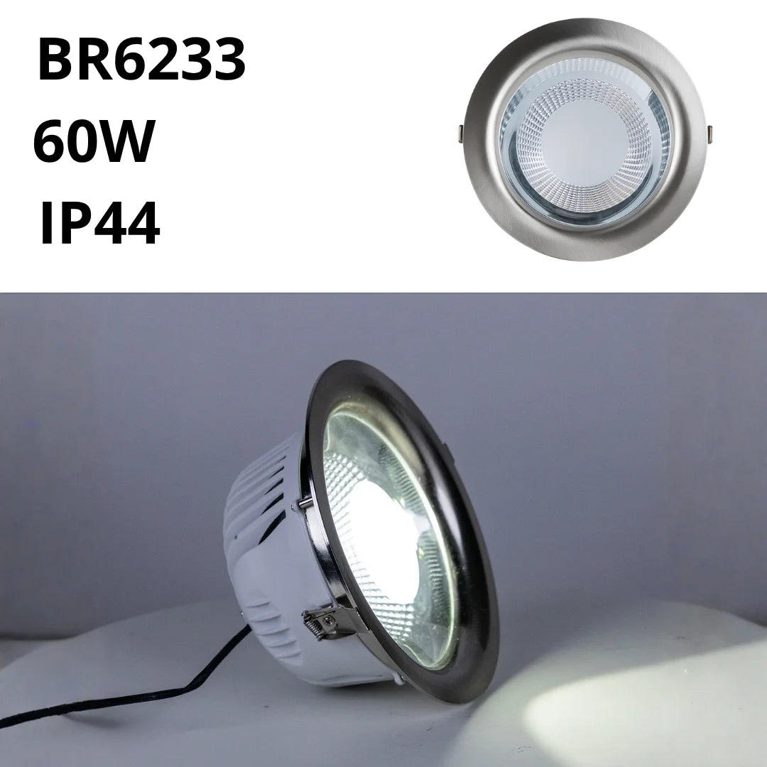 Light bulb with specifications BR6233, 60W, IP44 on a white background
