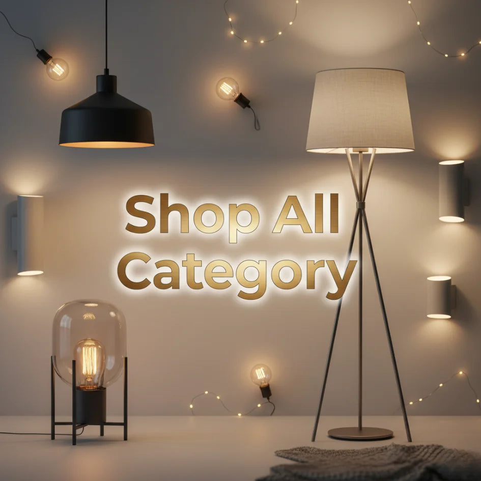 Decorative lighting fixtures in a room with 'Shop All Category' text overlay.