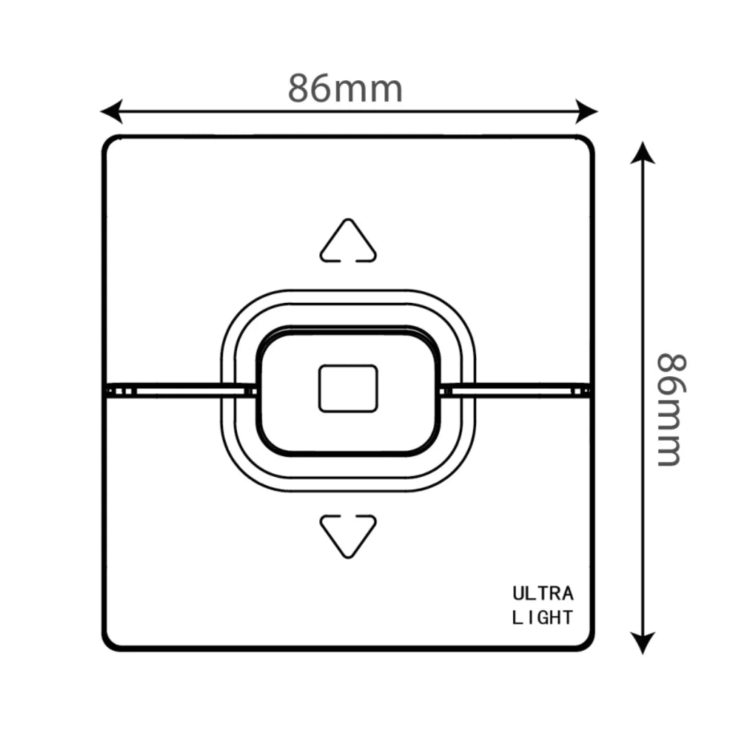 Diagram of a square object with dimensions labeled as 86mm on each side, featuring arrows and text.