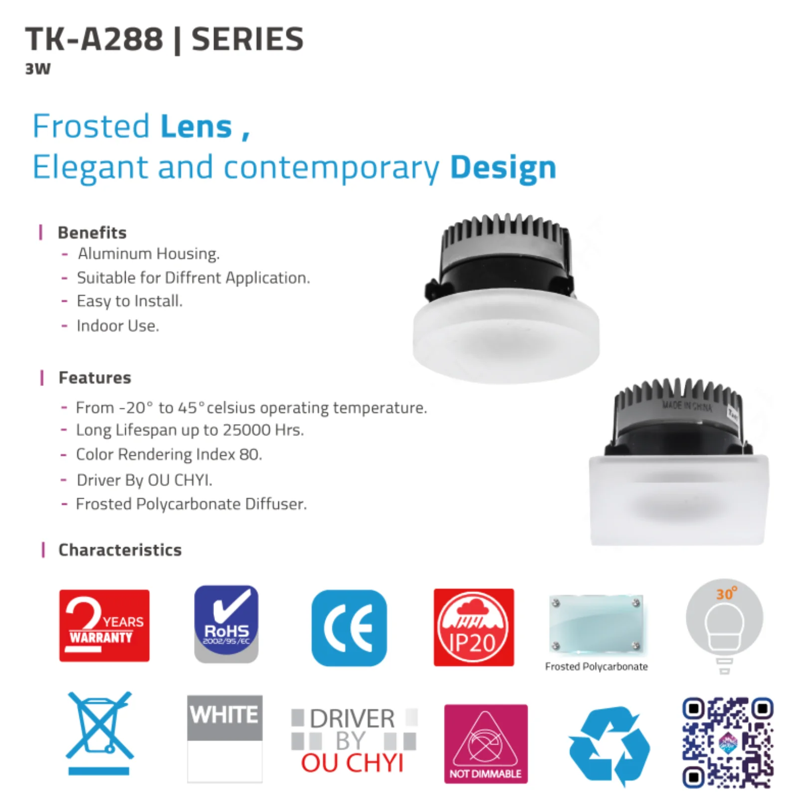 Light fixture with specifications and features on a white background