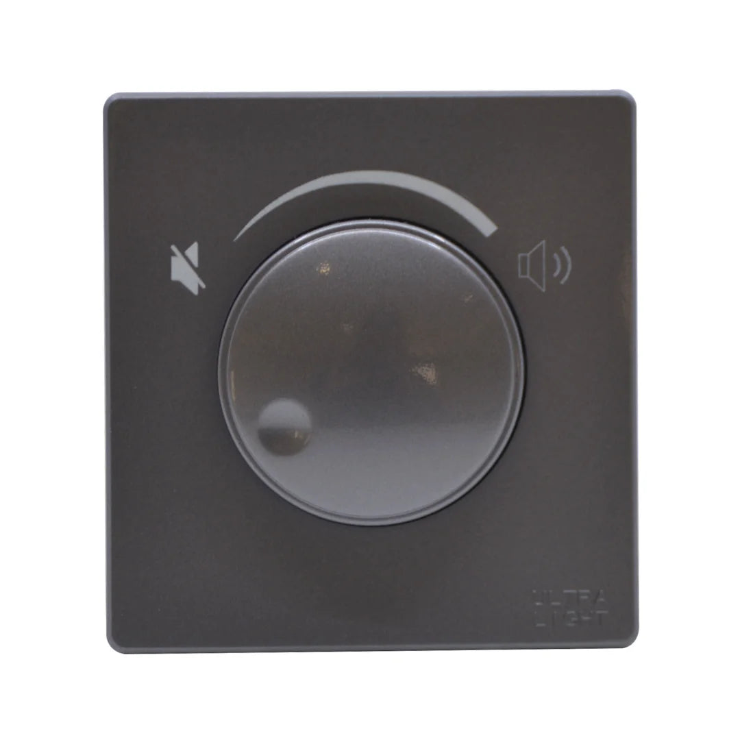 Black volume control knob on a white background