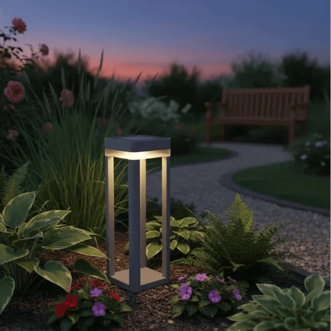 Garden light fixture in a garden setting with plants and a bench at dusk.