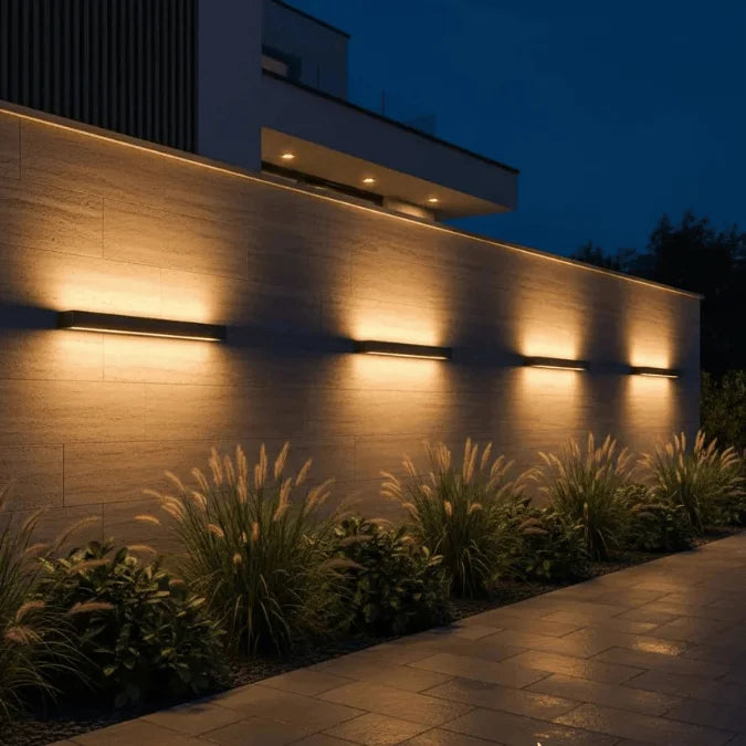 Modern building exterior with illuminated wall and decorative plants at night
