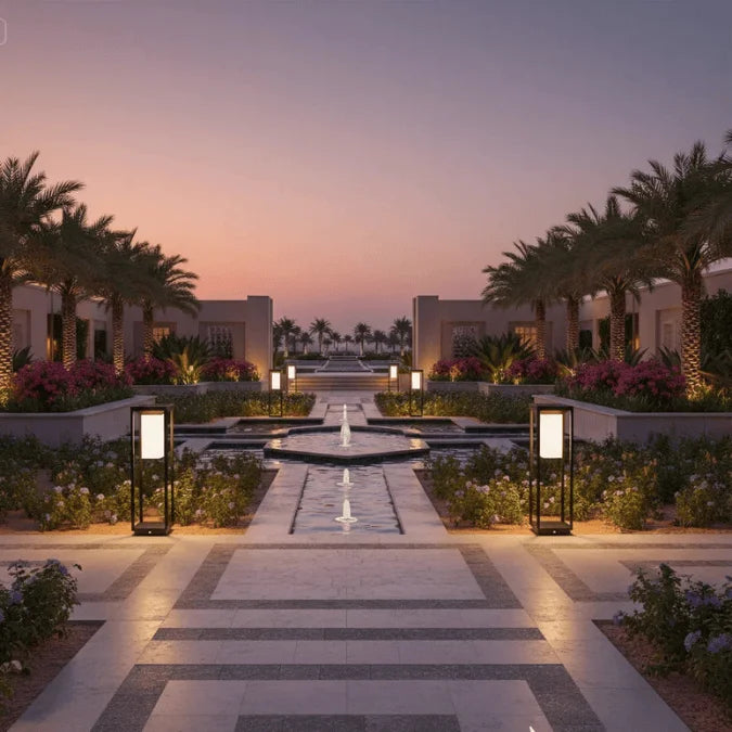 Evening view of a landscaped garden with fountains and palm trees.