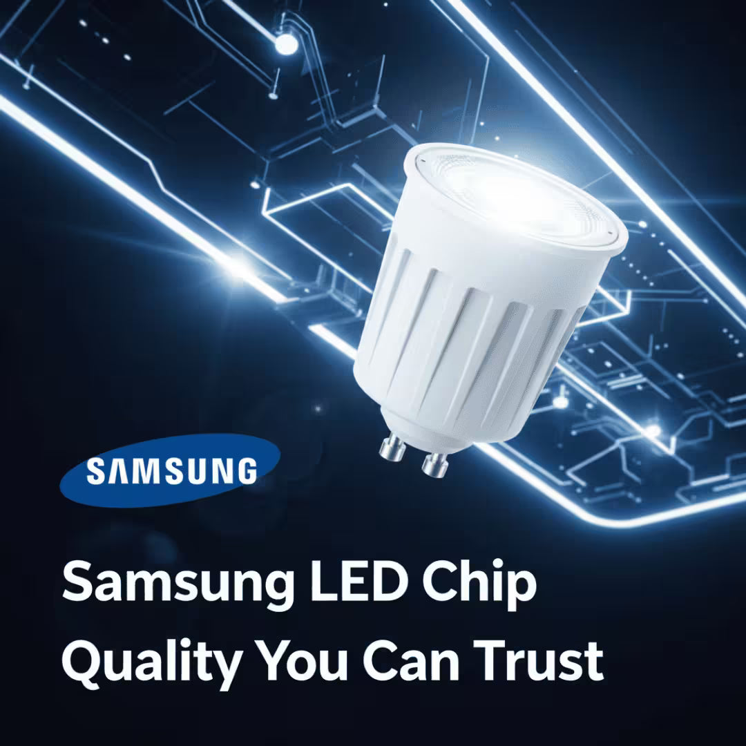 Samsung LED light bulb with digital circuit design in the background