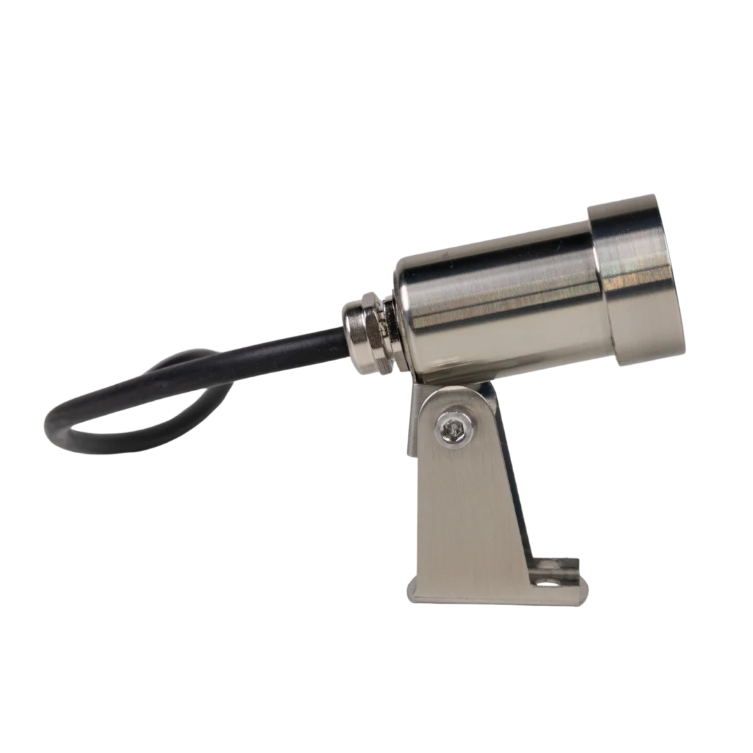 Metallic light fixture with a black cord on a white background