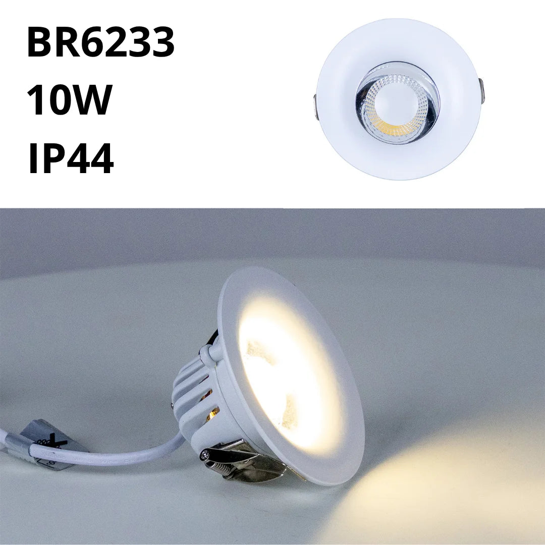LED downlight with specifications BR6233, 10W, IP44 on a white background