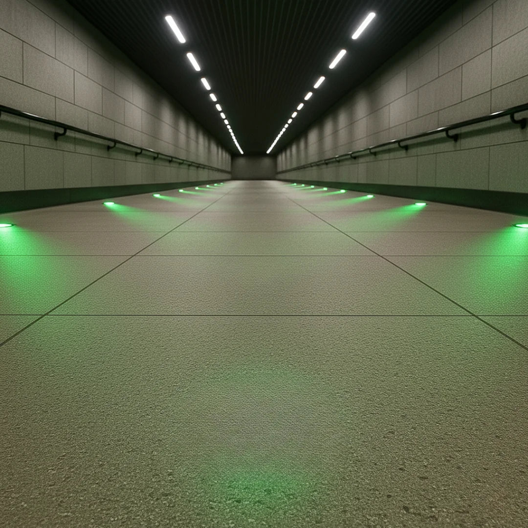 Long, narrow tunnel with green lights on the floor