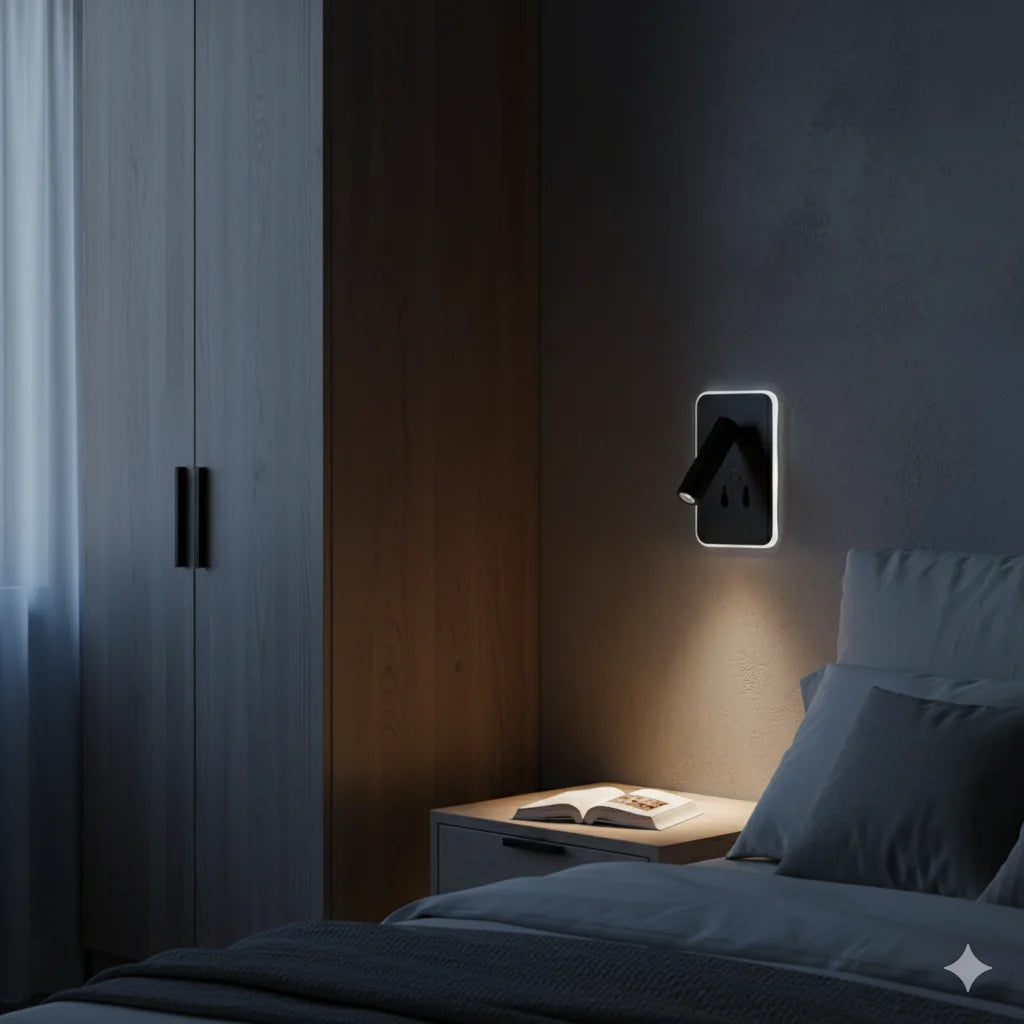 Modern bedroom with a night light on the wall, open book on the nightstand, and bed with pillows.