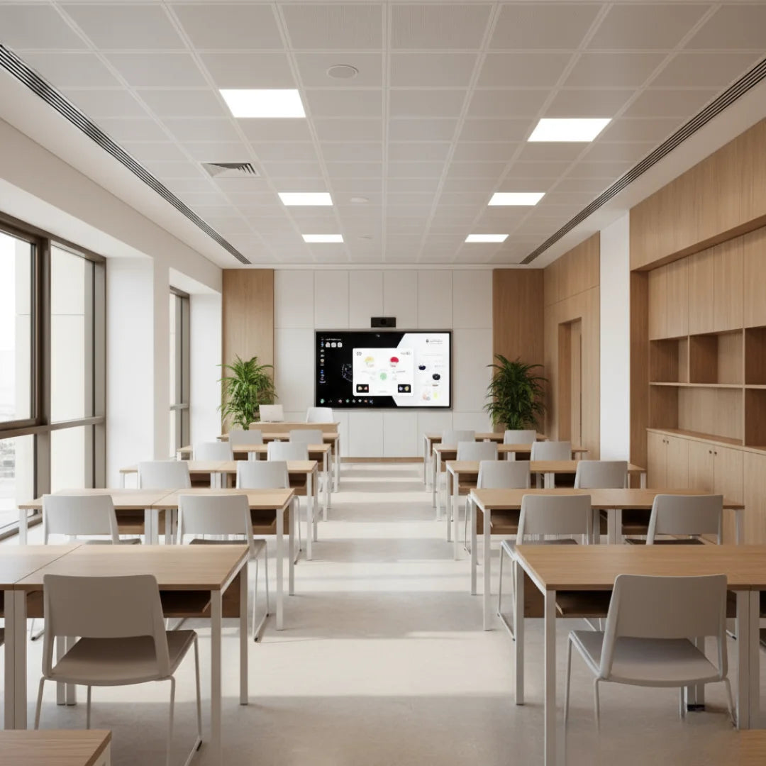 Modern classroom with tables, chairs, and a large screen on the wall.