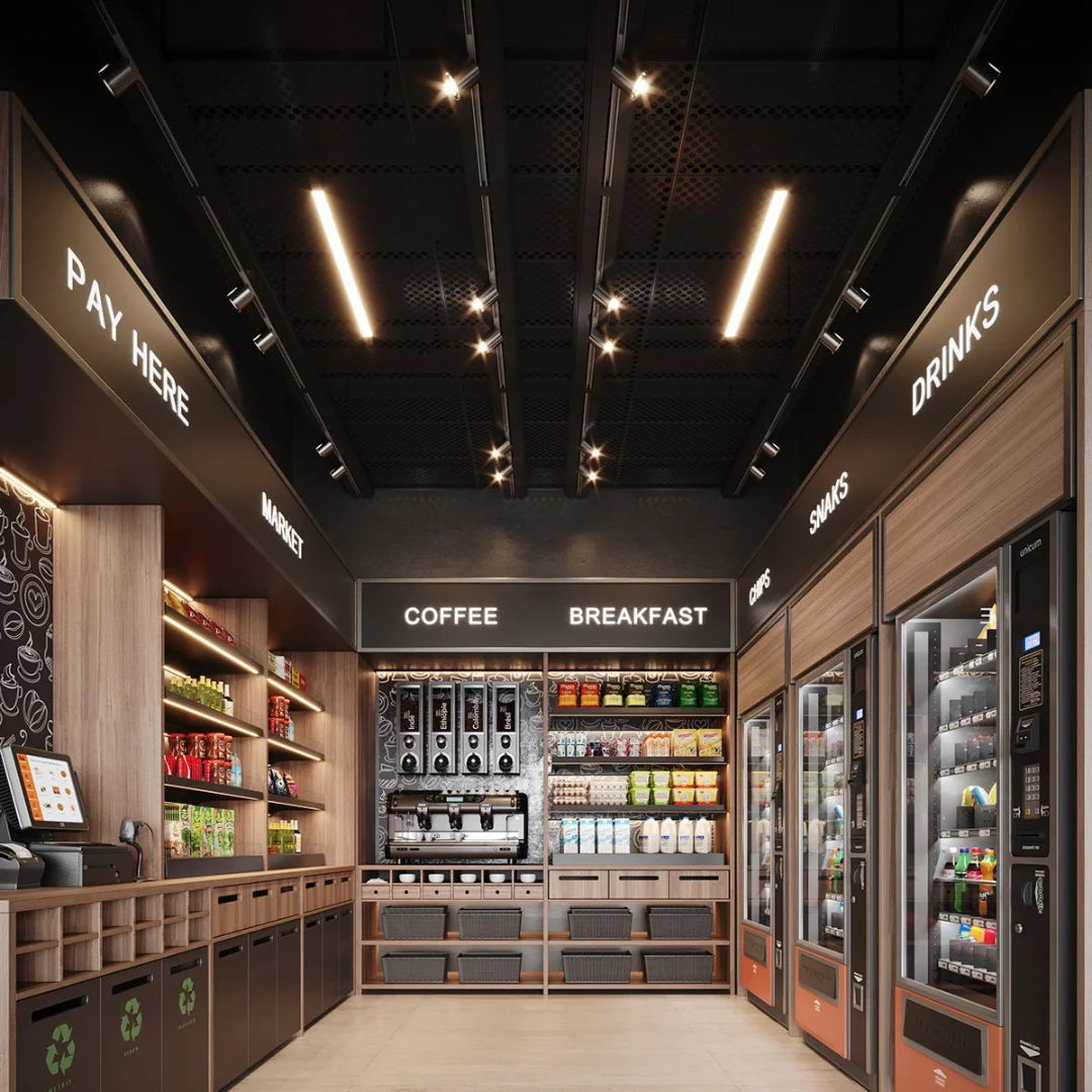 Modern convenience store interior with various products and signage.