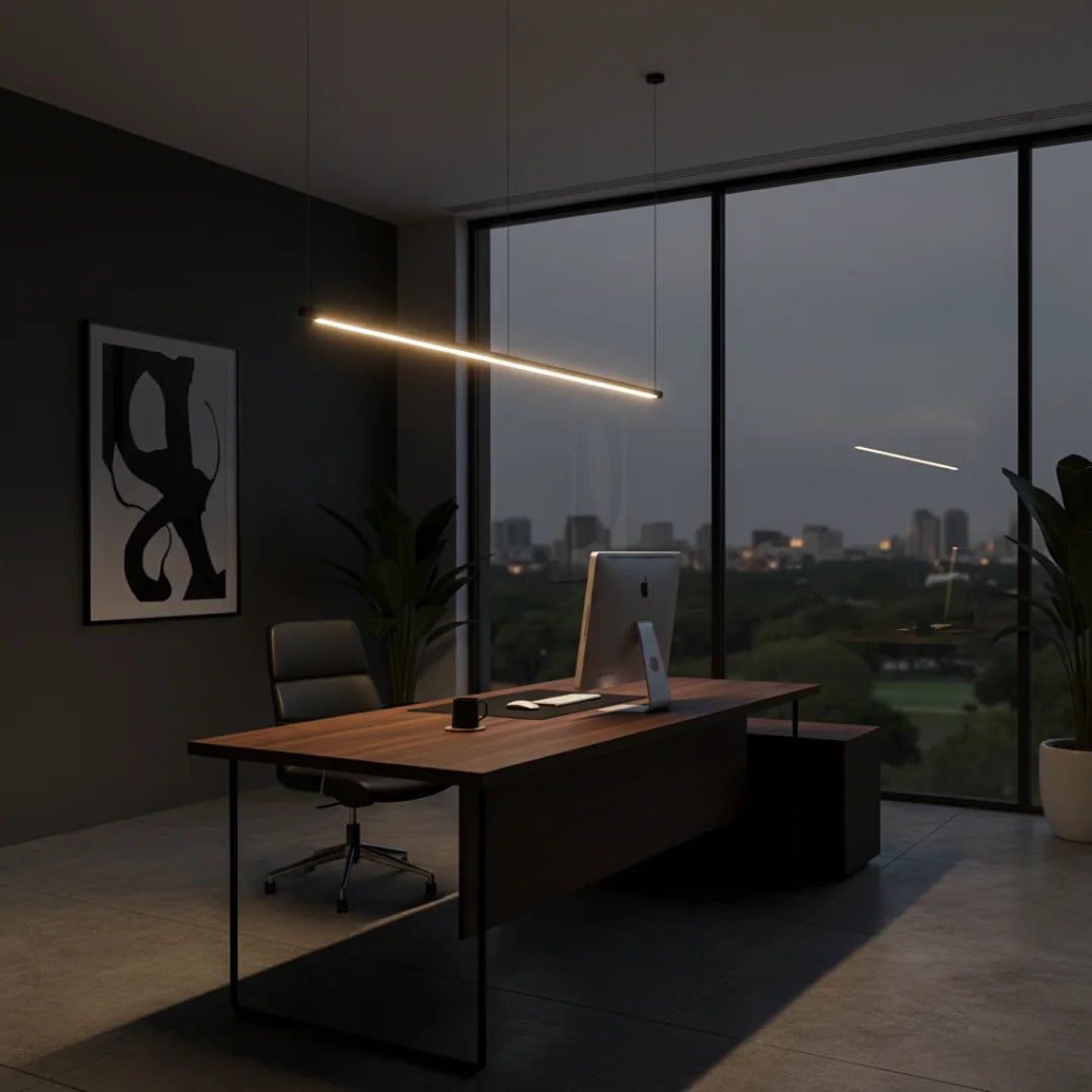 Modern office desk with computer setup in a dark room with cityscape view
