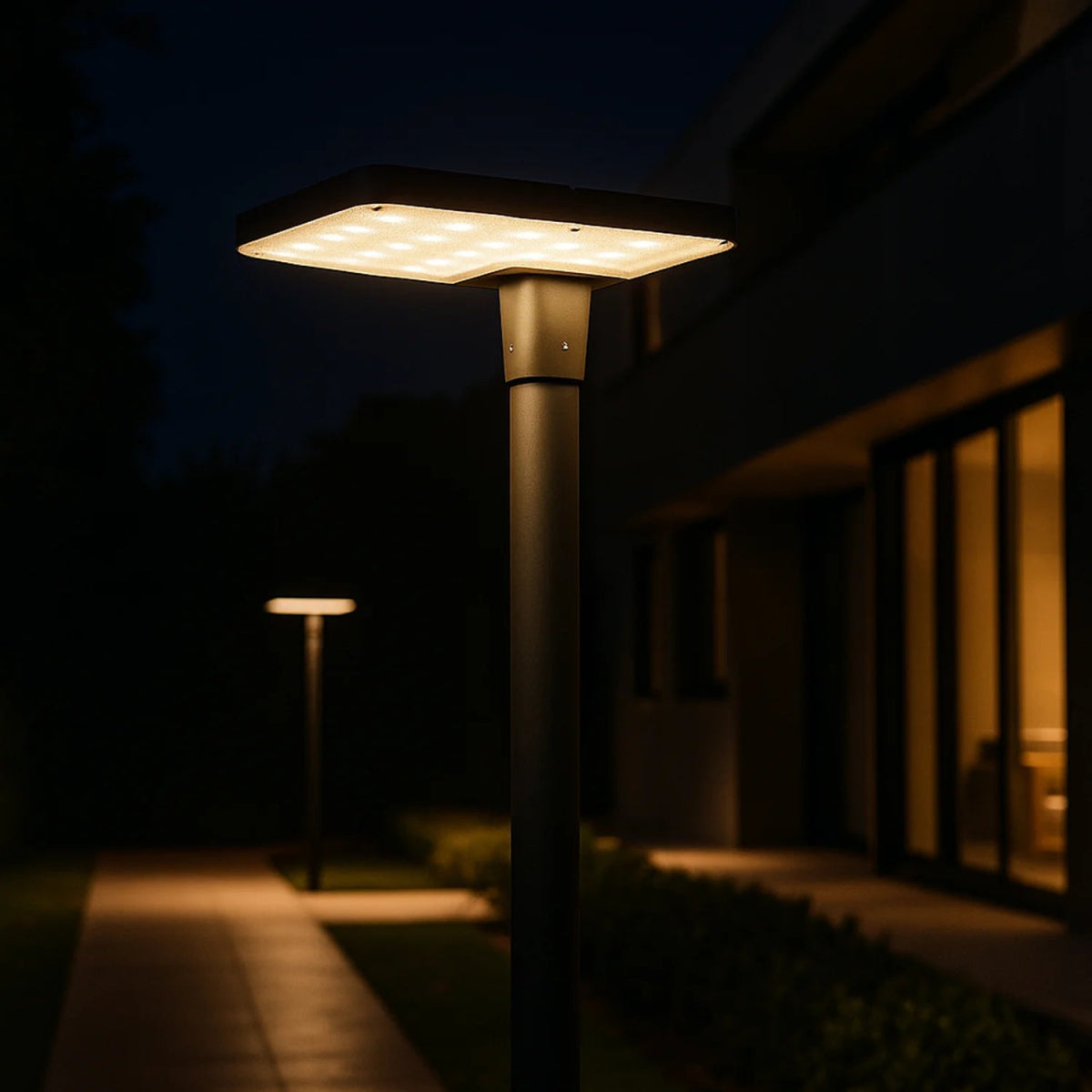 Outdoor lamp post illuminating a pathway at night