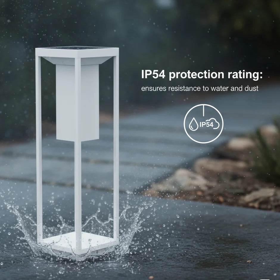 Outdoor light fixture with water splashing around it, featuring IP54 protection rating text.