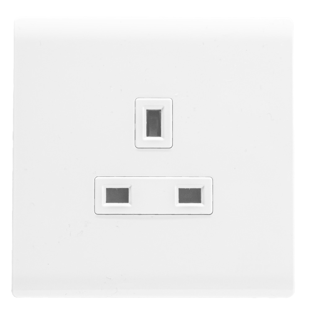 A white, double pole, wall mounted electrical socket