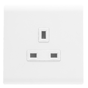 A white, double pole, wall mounted electrical socket