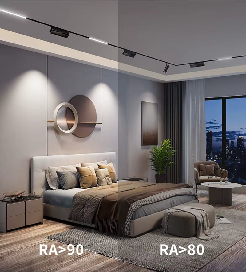 Modern bedroom with stylish decor and lighting fixtures.
