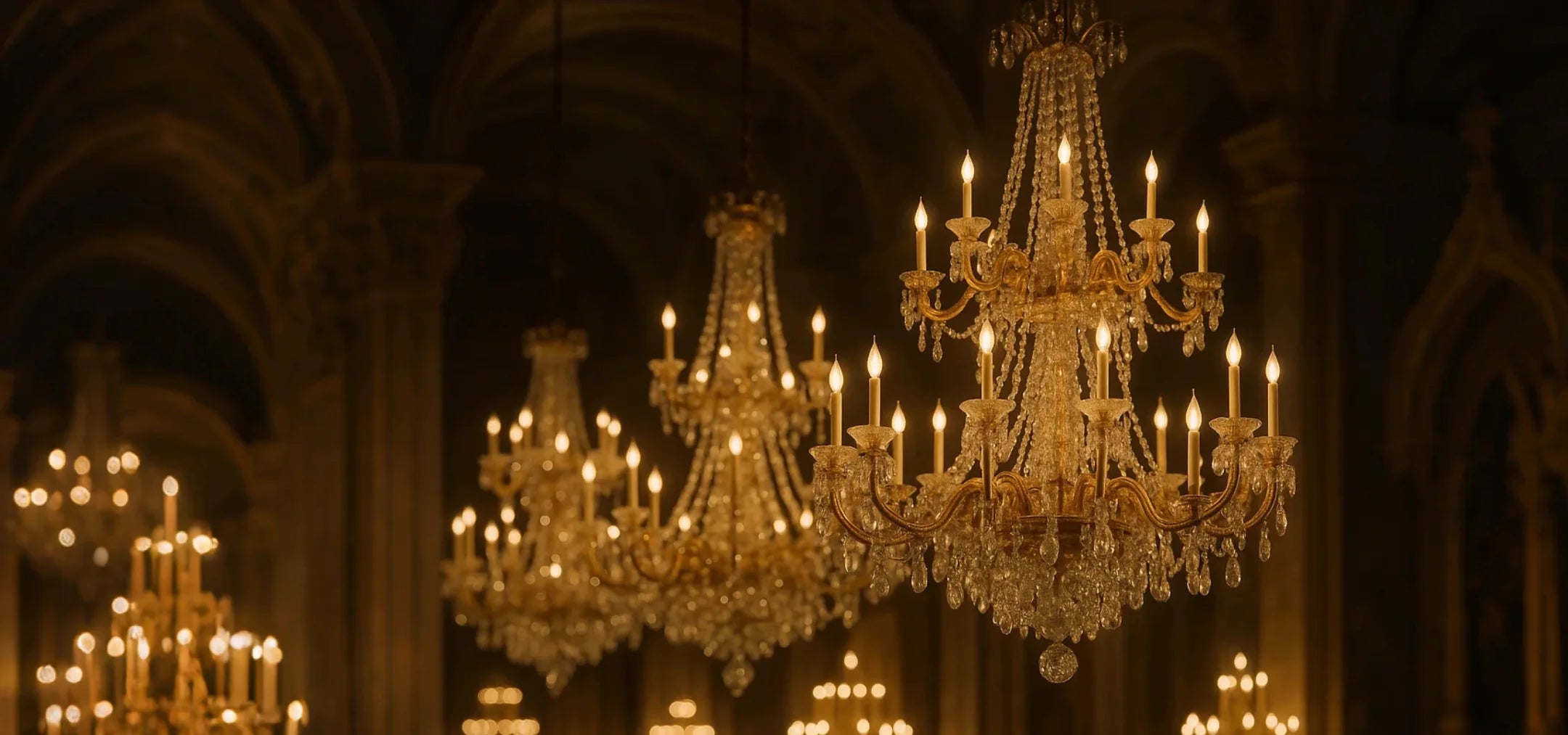 Luxurious chandeliers hanging in a dimly lit cathedral
