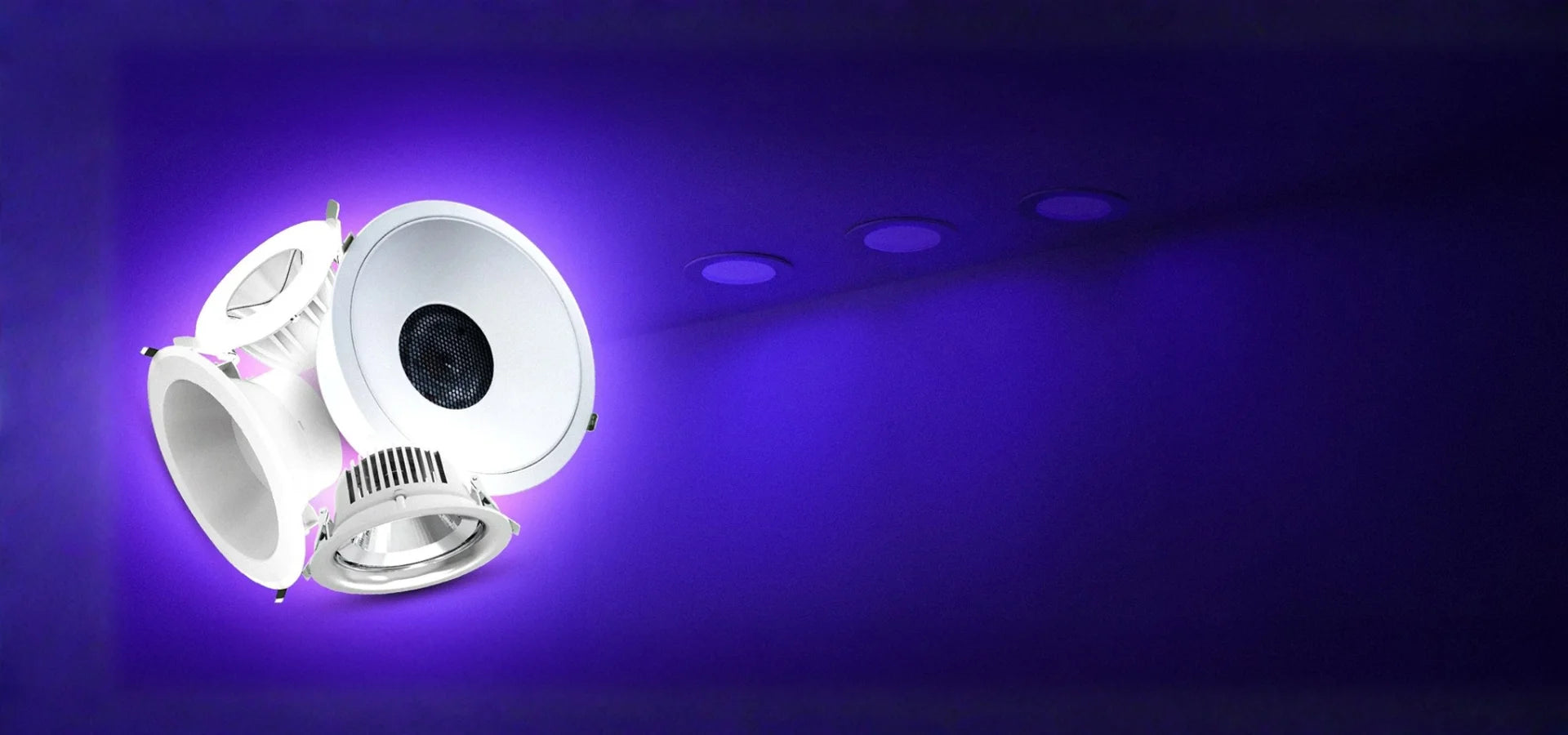 White spotlight on a dark background with purple lighting