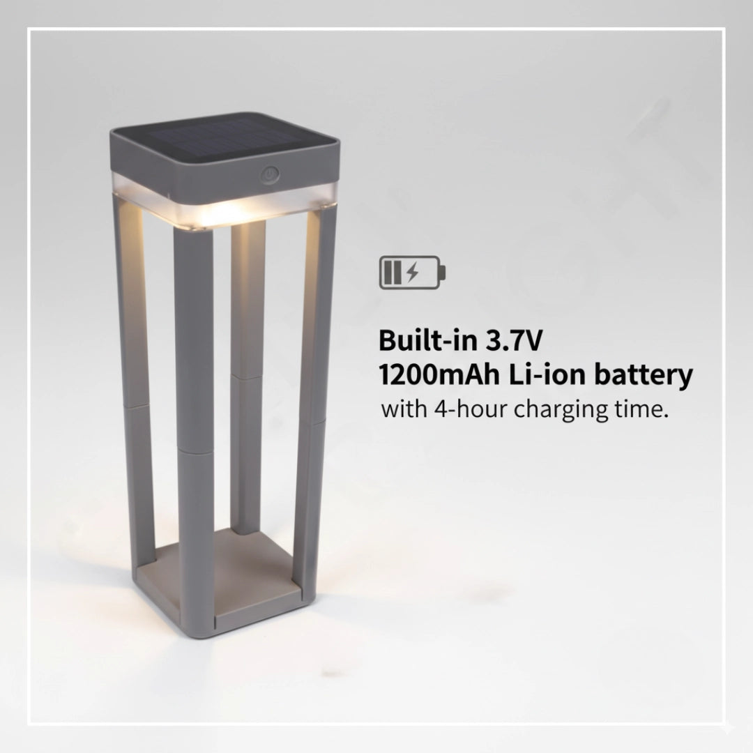 Solar-powered outdoor lamp with battery information on a gray background