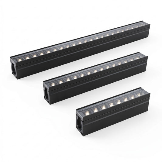 Three black LED light strips on a white background