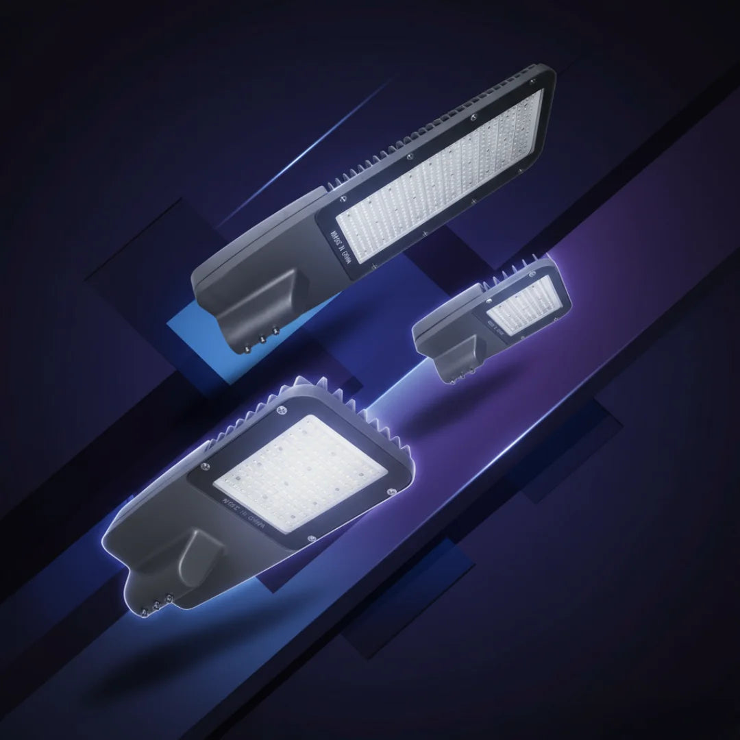 Two LED street lights on a dark background with blue highlights