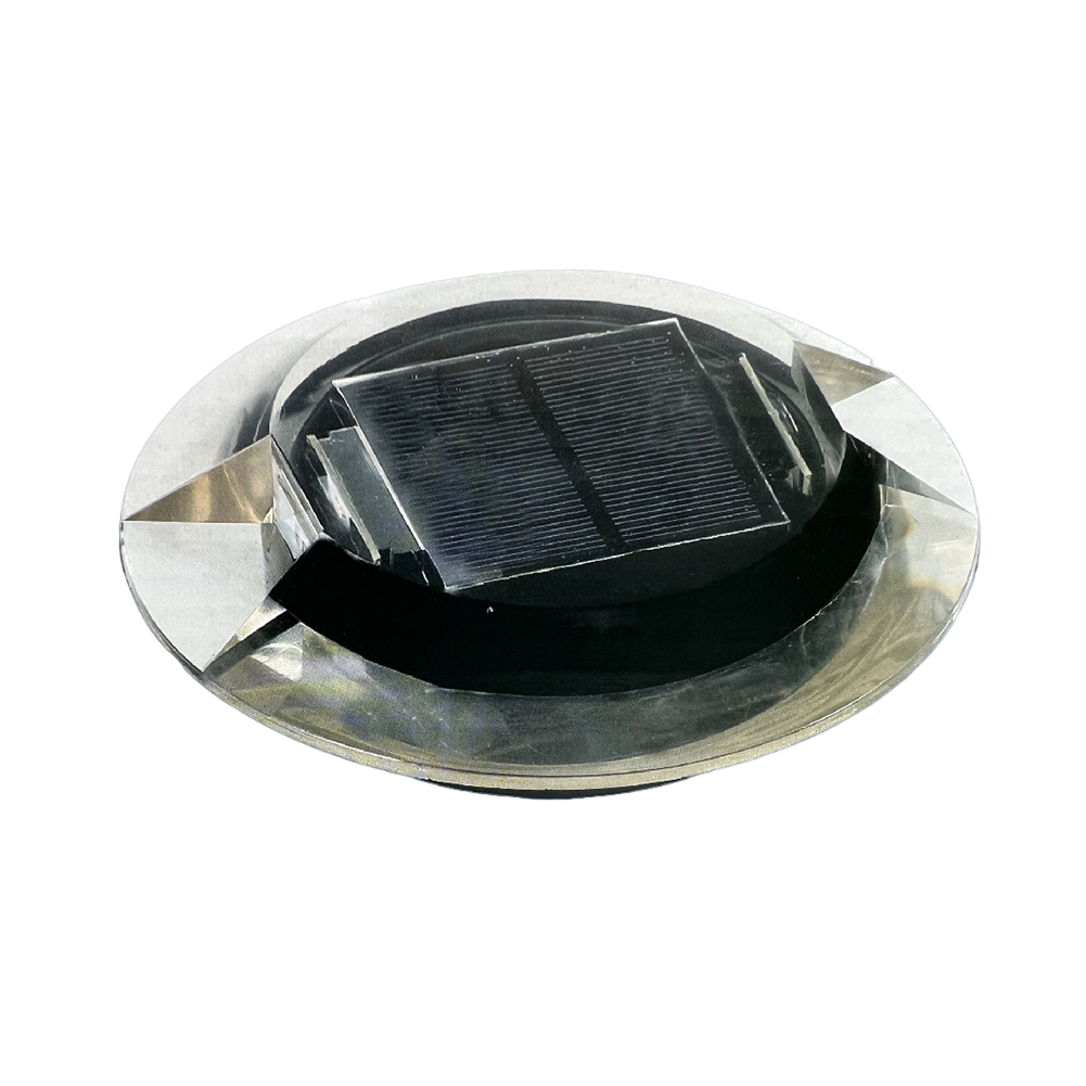 A solar-powered ground embedded light with a visible solar panel on top.