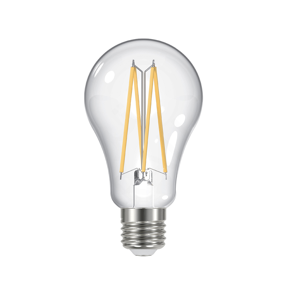 An E27 LED filament bulb with a clear glass cover and silver base.