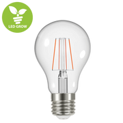 Clear LED light bulb with visible filaments on a white background, featuring the 'LED Grow' logo.