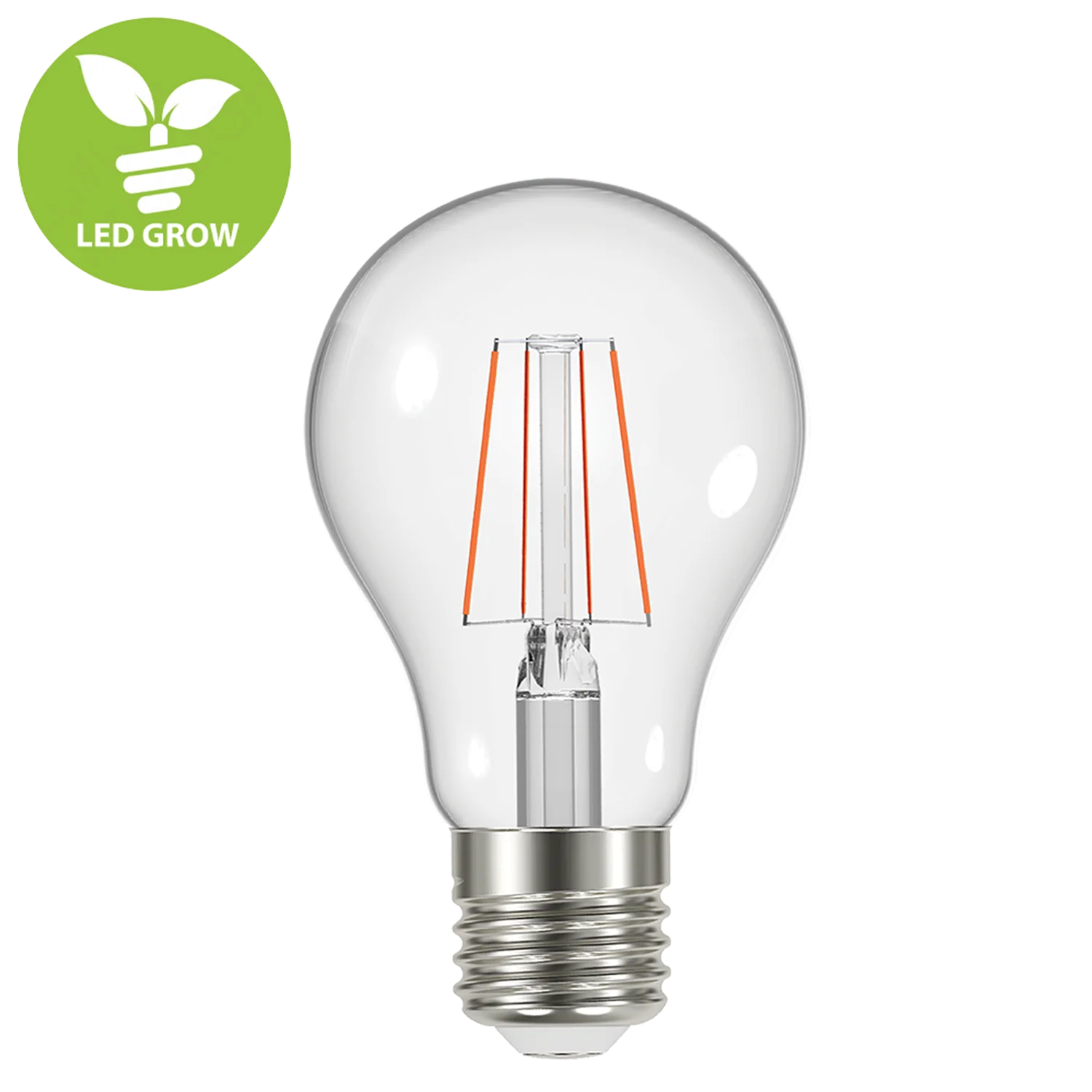 Clear LED light bulb with visible filaments on a white background, featuring the 'LED Grow' logo.