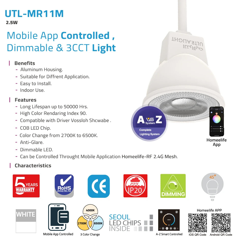 The UTL-MR11M smart LED light offers full control via mobile app with dimming and 3CCT color adjustment (2700K–6500K).