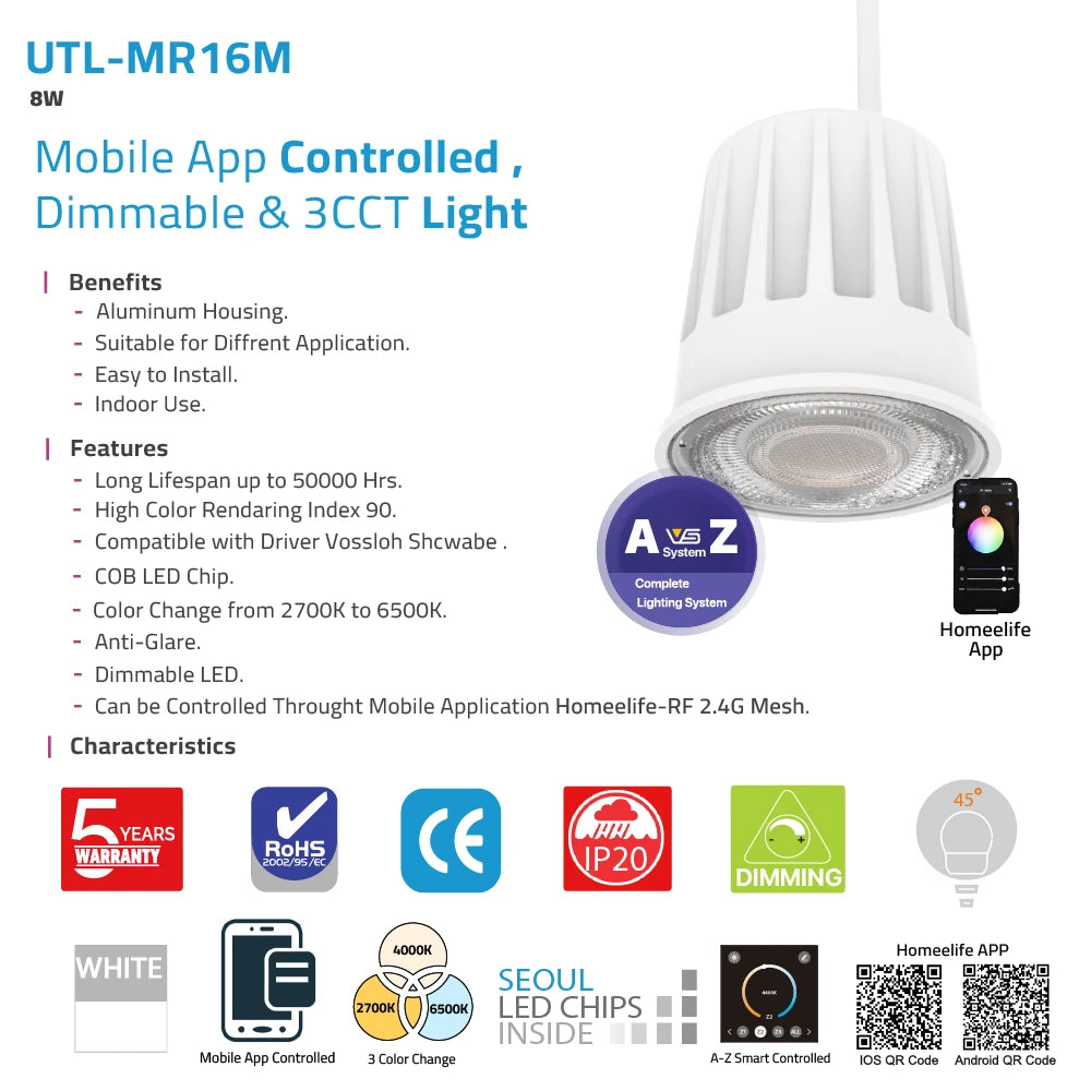 The UTL-MR16M smart LED light offers full control via mobile app with dimming and 3CCT color adjustment (2700K–6500K)
