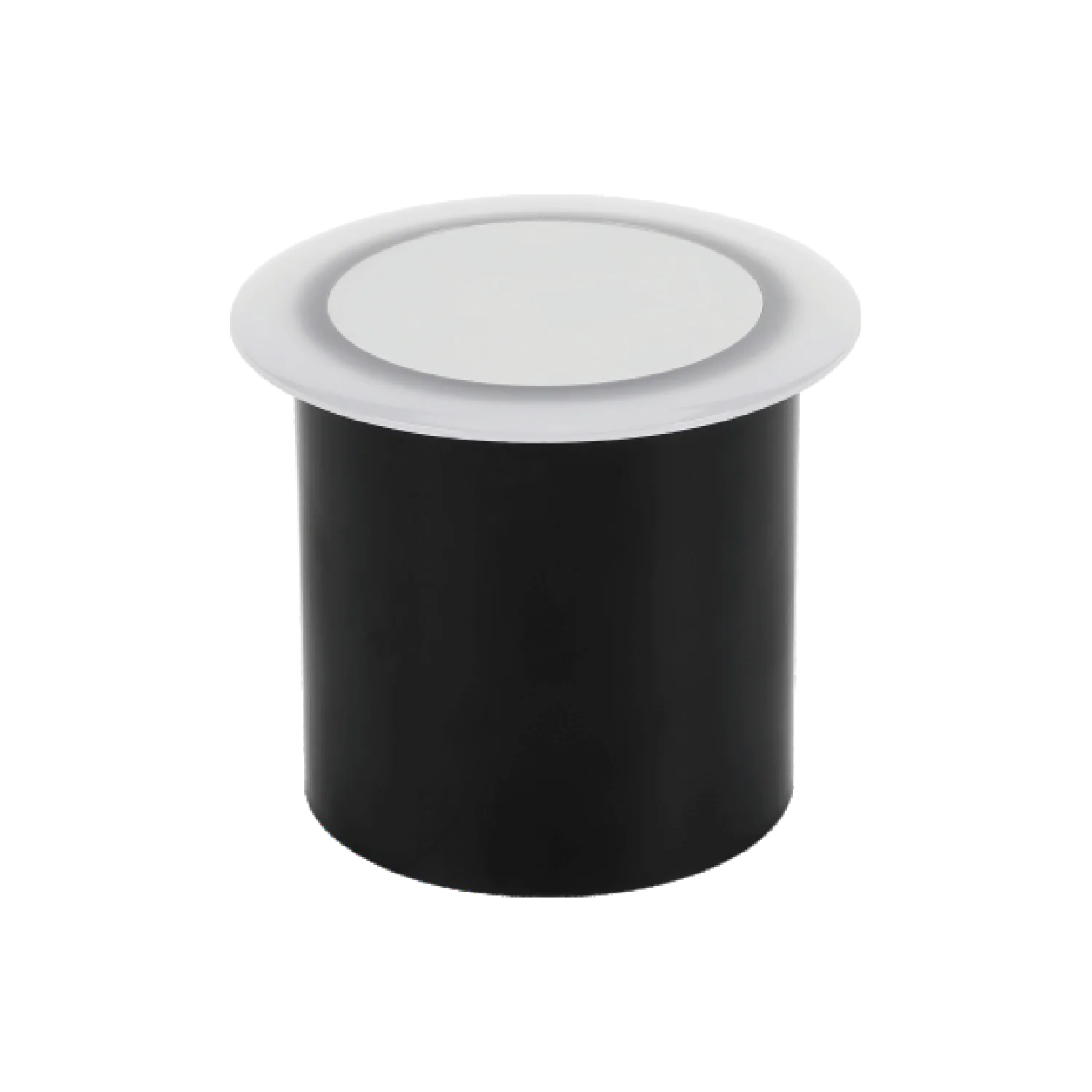 Black cylindrical LED inground light with a frosted diffuser, suitable for outdoor spot lighting.