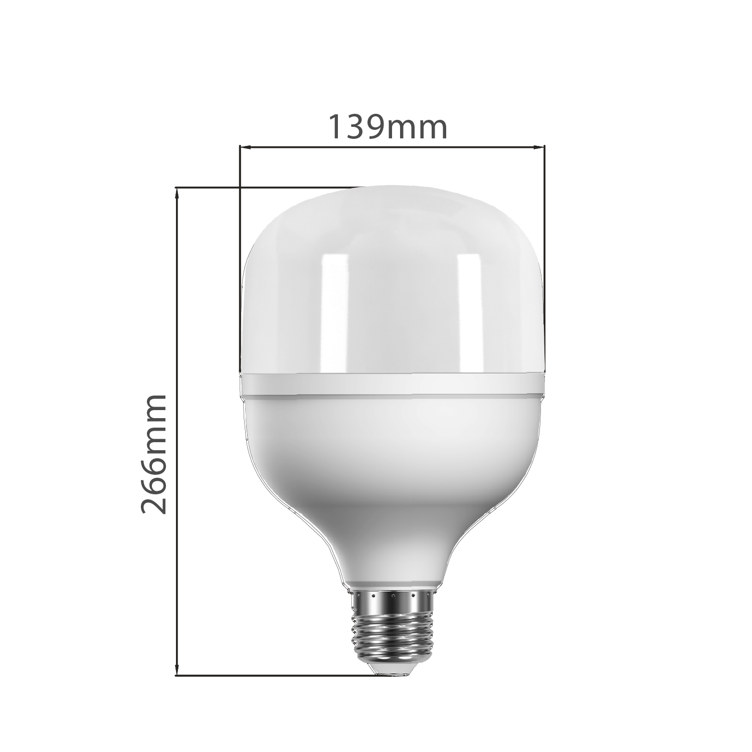 LED light bulb with dimensions labeled on a white background