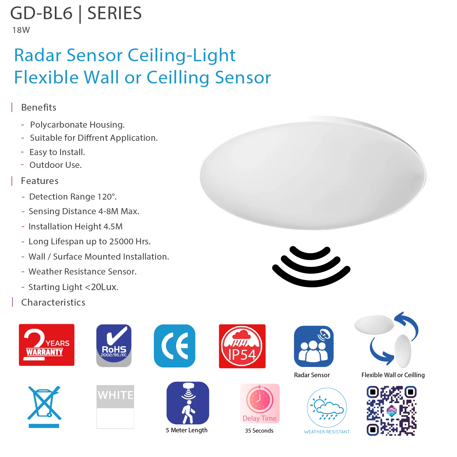 كشاف سقفي بمستشعر رادار حساس حركة 18W للداخل والخارج – مقاوم للعوامل الجوية (GD-BL6)