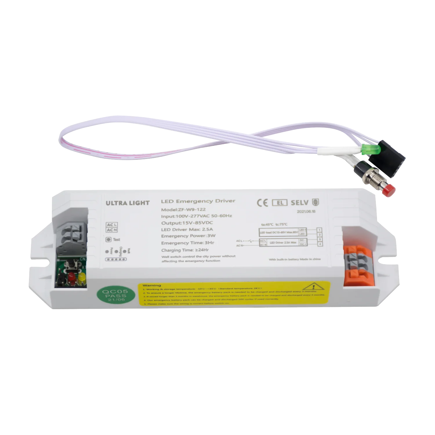 LED emergency driver with label on a white background