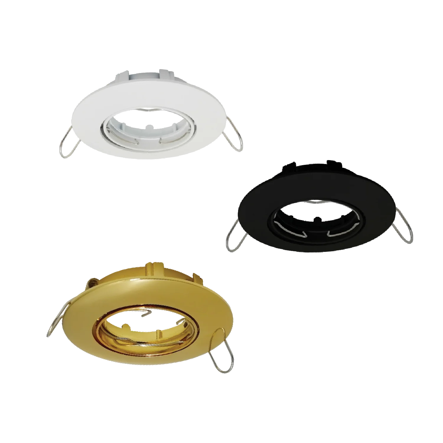 Three recessed lighting fixtures in white, black, and gold on a white background