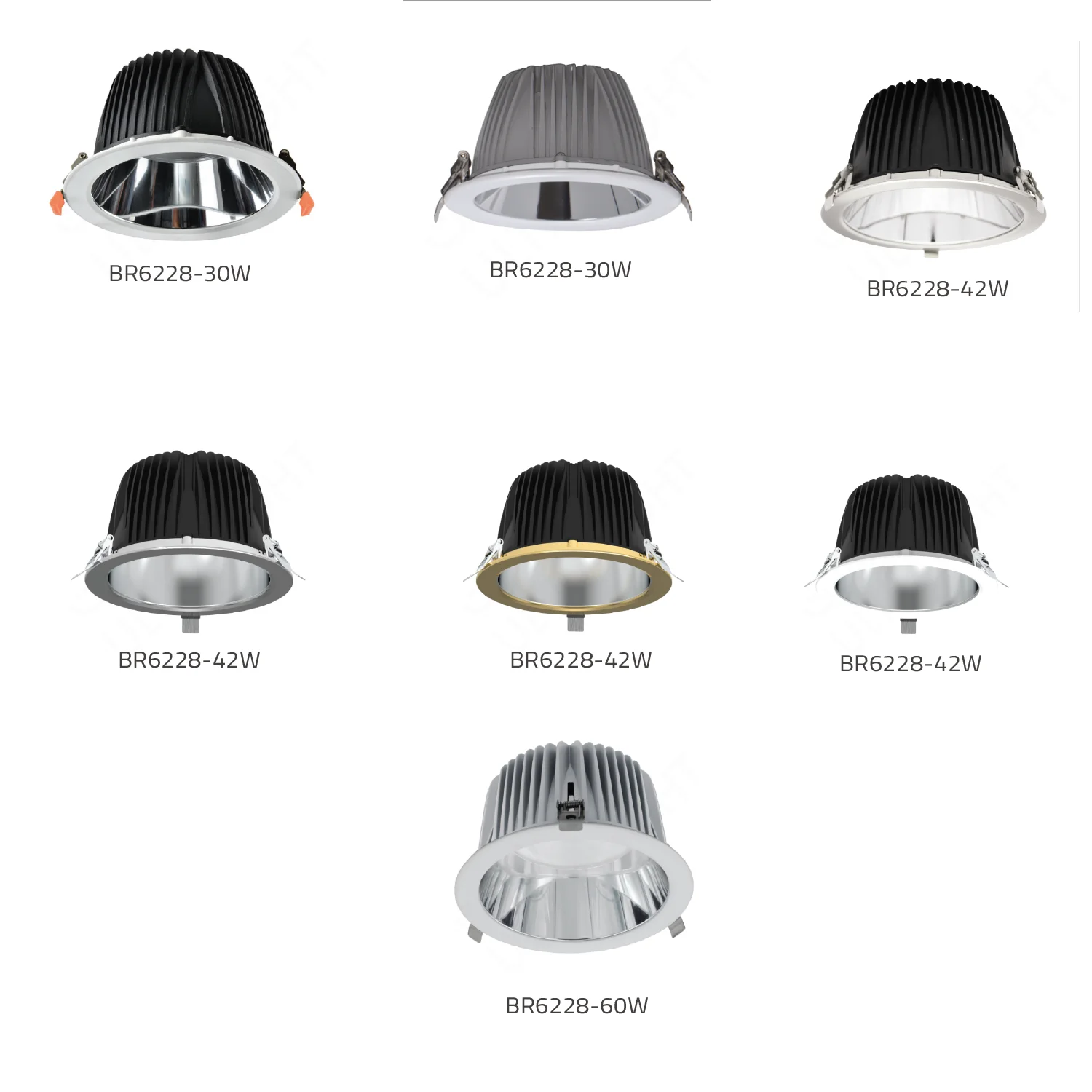 Set of LED downlights with varying wattages on a white background