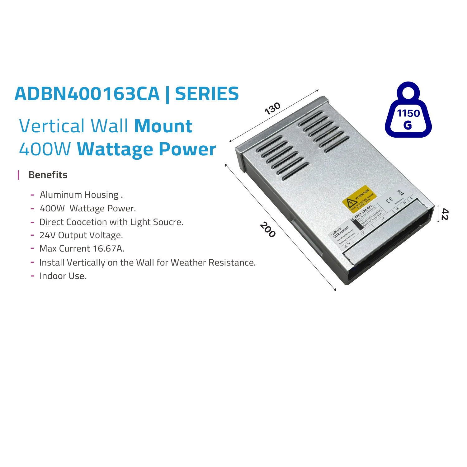 مزود طاقة 24V لتغذية أنظمة الإضاءة بقوة 400 واط (ADBN400163CA)