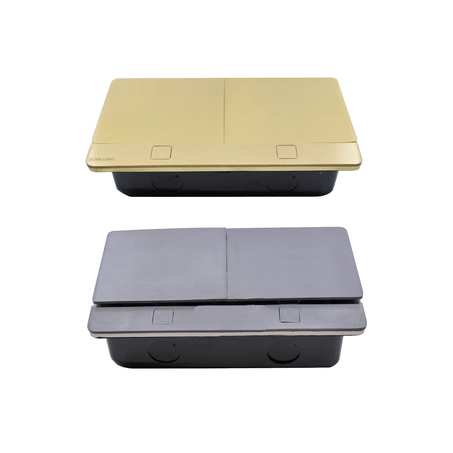 Two electronic devices, one gold and one black, on a white background