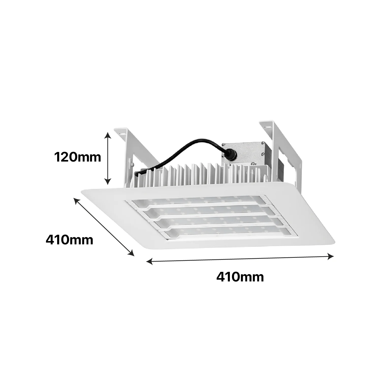 Ceiling-mounted air conditioning unit with dimensions labeled on a white background