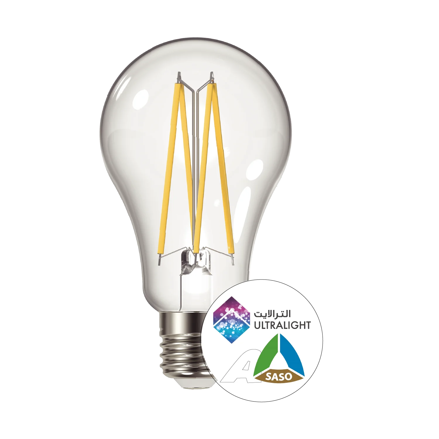 Clear LED light bulb with ULTRALIGHT and SASO logos on a white background